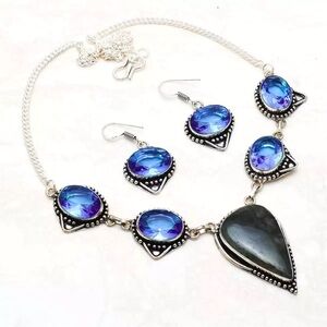 Moss Agate Blue Topaz Handcrafted in India, Necklace & Earrings 925 Set 39 Gms
